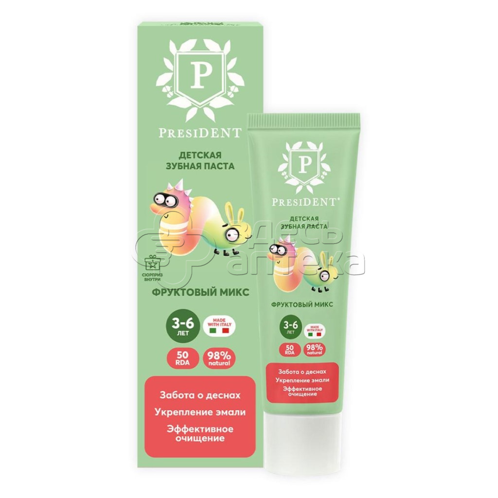 Детская зубная паста PRESIDENT Фруктовый микс 3-6 RDA 50 273₽