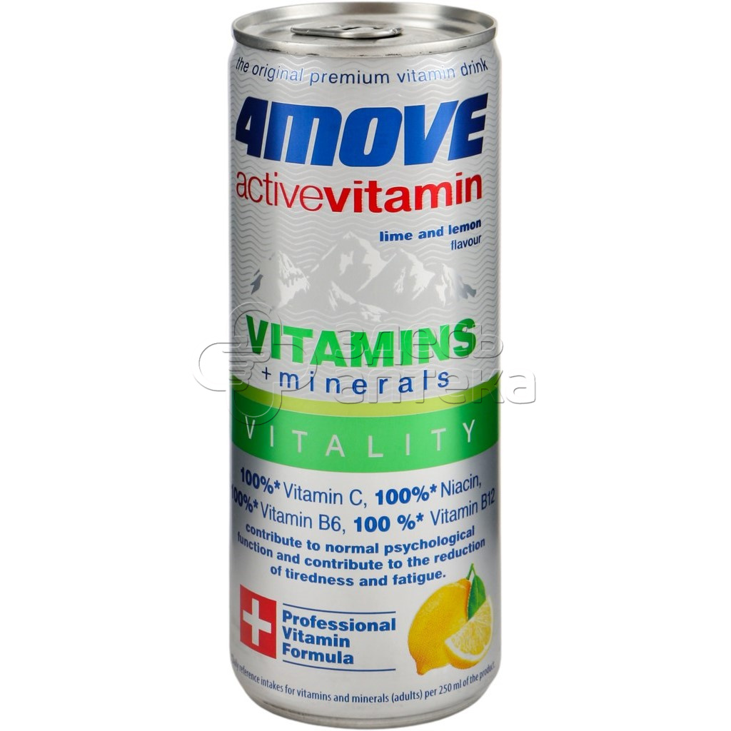 Напиток с витаминами 4MOVE  газированный со вкусом лимона и лайма, VITAMINS + MINERALS, 0,33 л