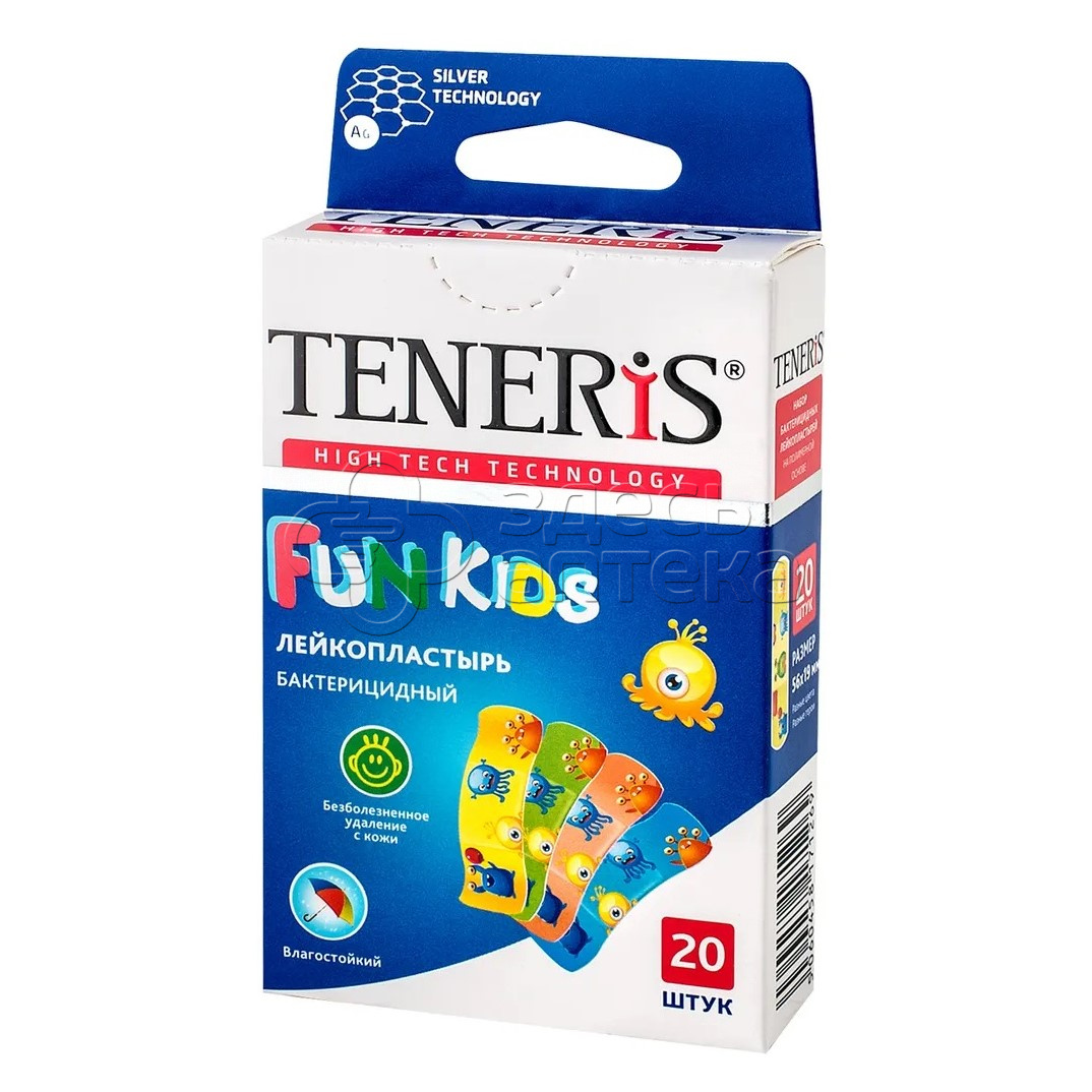 TENERIS FUN KIDS Лейкопластырь бактерицидный с ионами серебра на полимерной основе с рисунками 20 штук 230₽